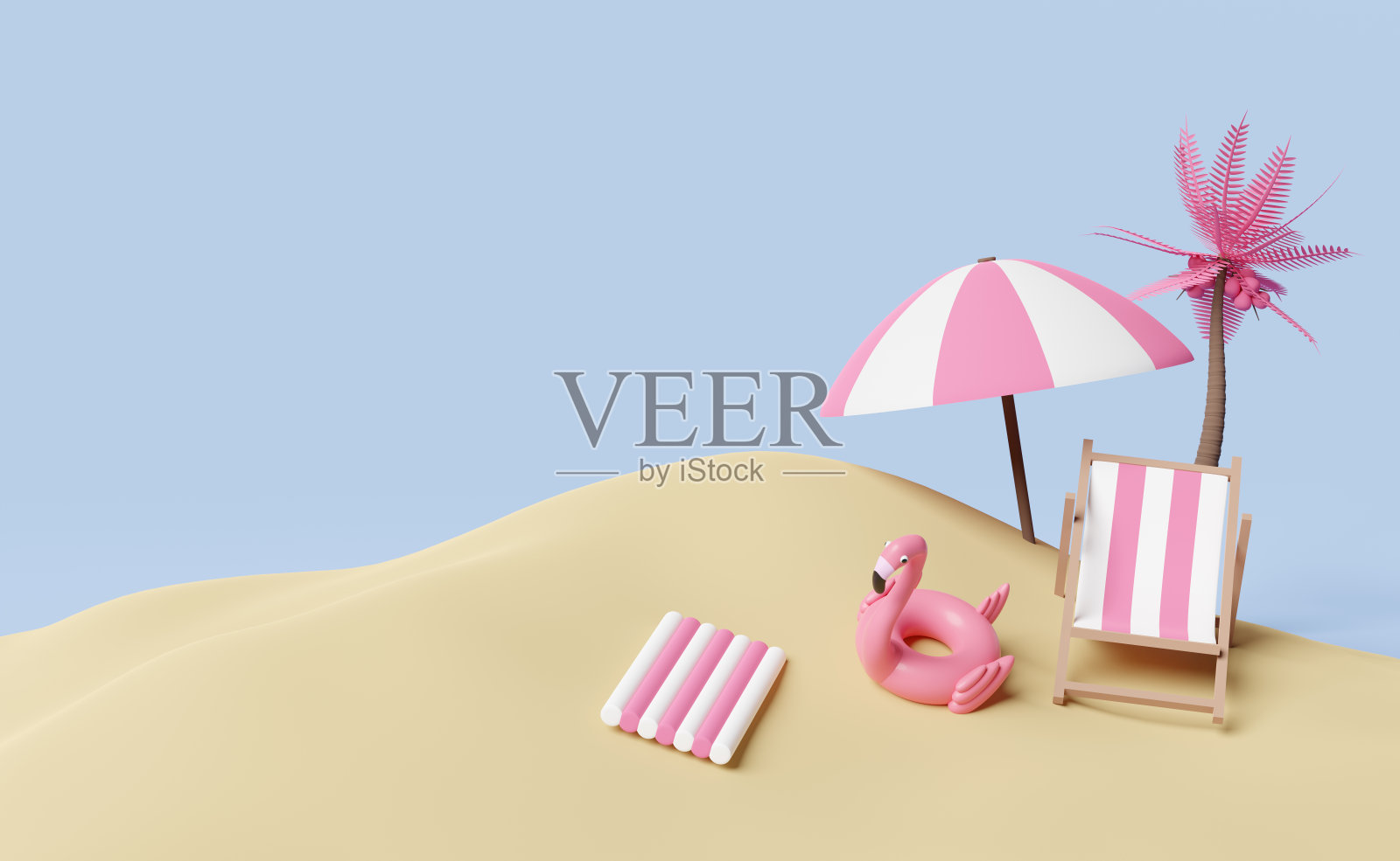 夏季海滩沙滩椅，伞，充气火烈鸟，橡胶筏，椰子树孤立的景观背景概念，3d插图或3d渲染照片摄影图片