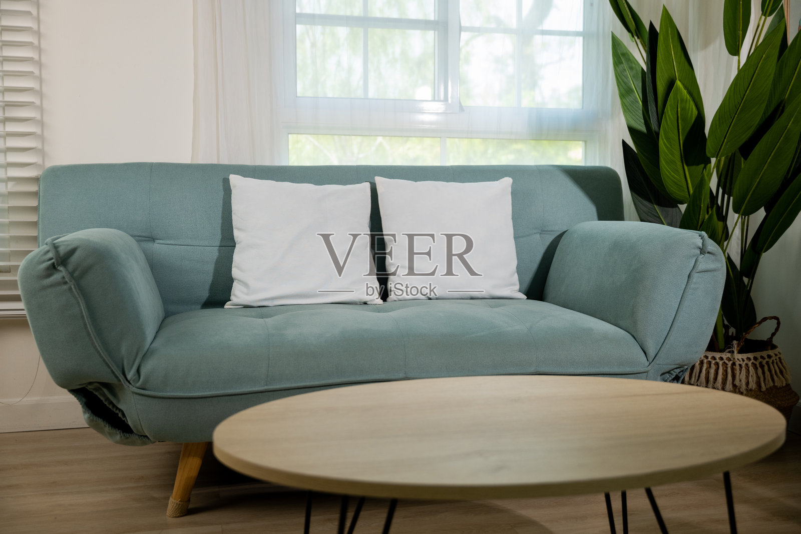 简约的客厅内饰，舒适的现代绿色沙发靠近窗户照片摄影图片