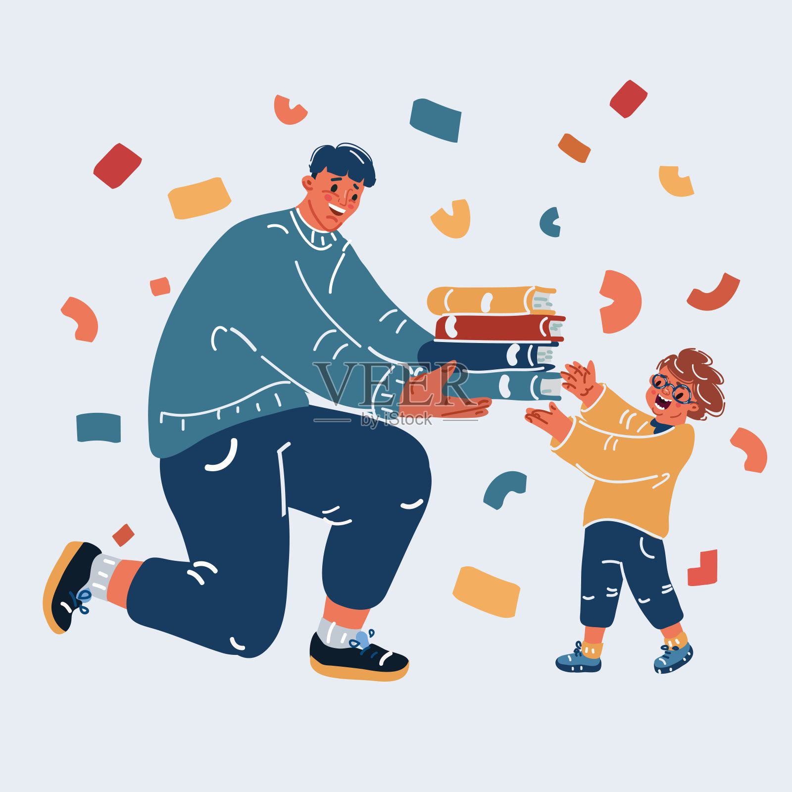 快乐的小学男生背着一叠书的卡通插画。男人给儿子或学生概念的知识。插画图片素材