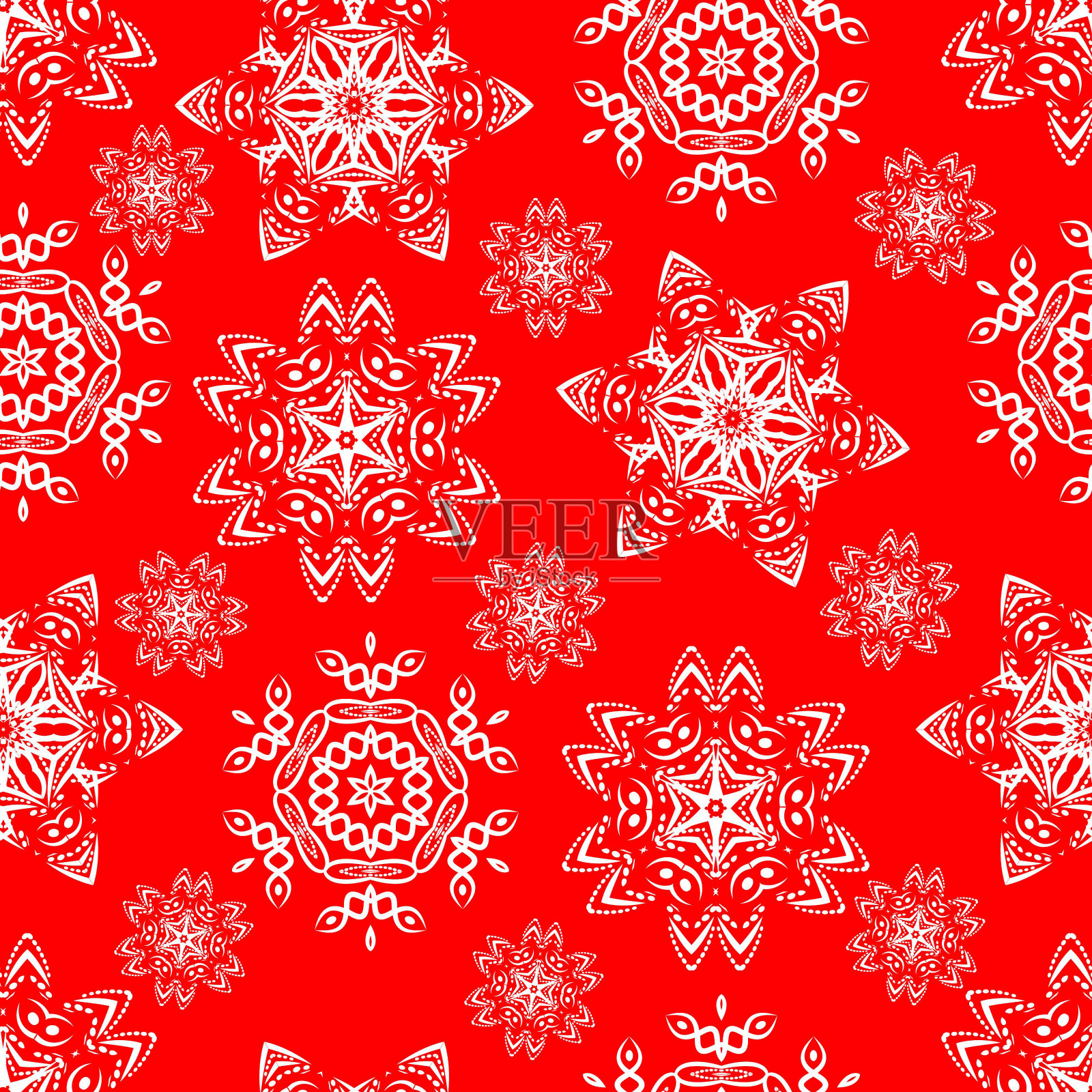 无缝模式与白色圣诞雪花在红色背景。插画图片素材