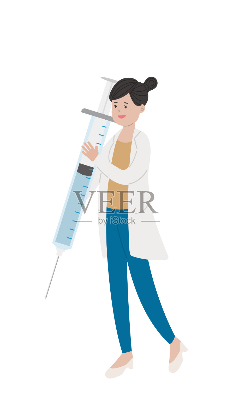 女医生医务工作者与注射器与疫苗隔离在白色背景，卡通漫画矢量人物插画图片素材