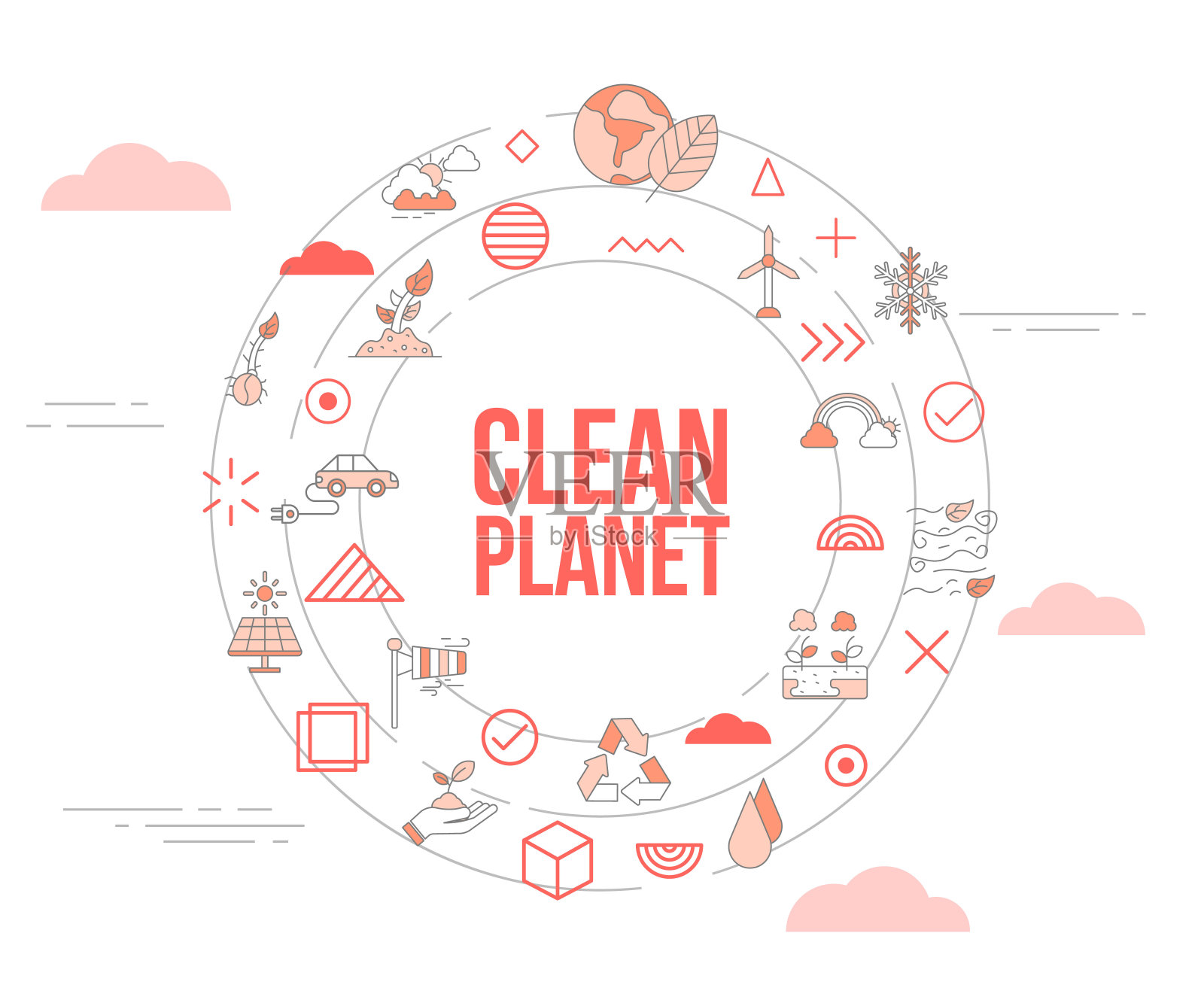 清洁星球概念与图标集模板旗帜和圆圆形状插画图片素材