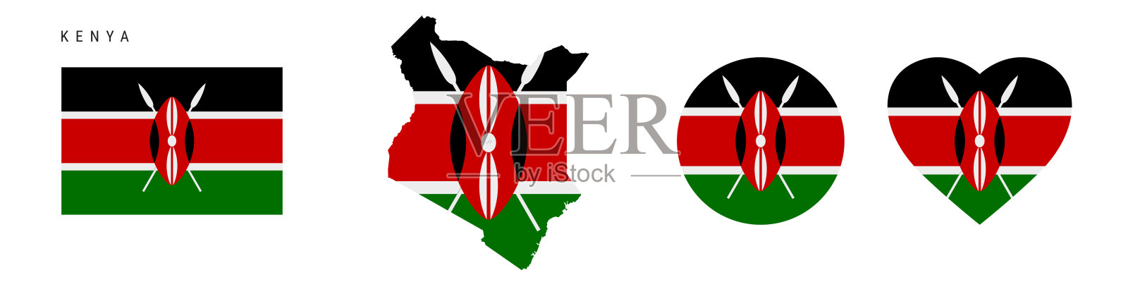 不同形状的肯尼亚国旗图标集。平面矢量图插画图片素材
