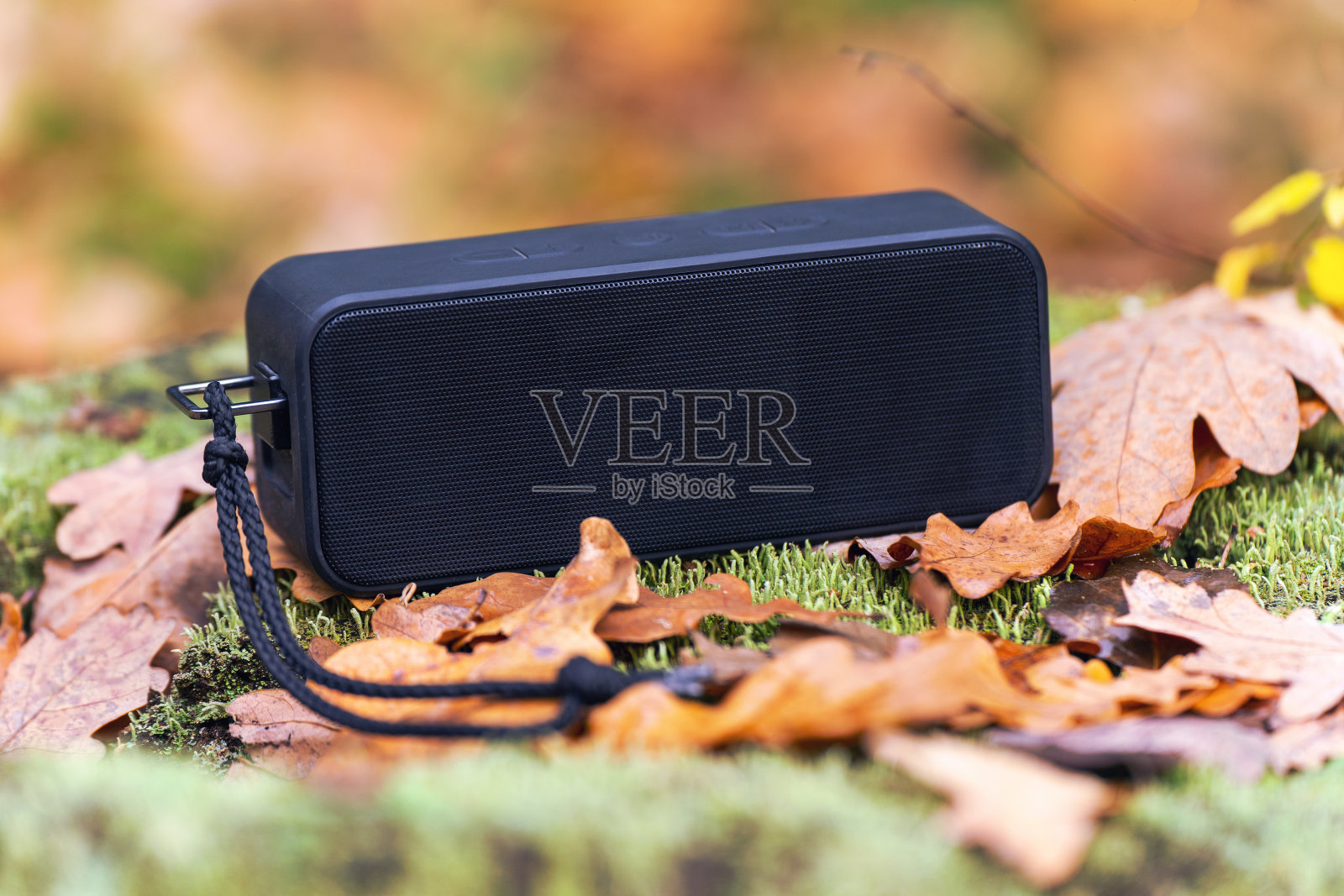 在长满青苔的树桩上安装一个便携式无线听歌扬声器照片摄影图片