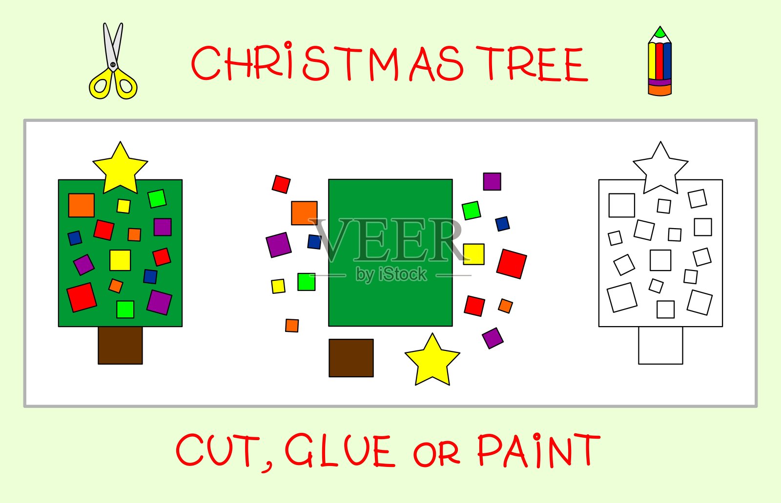剪、贴、涂圣诞树。简单的几何形状。儿童教育游戏:纸工艺品插画图片素材