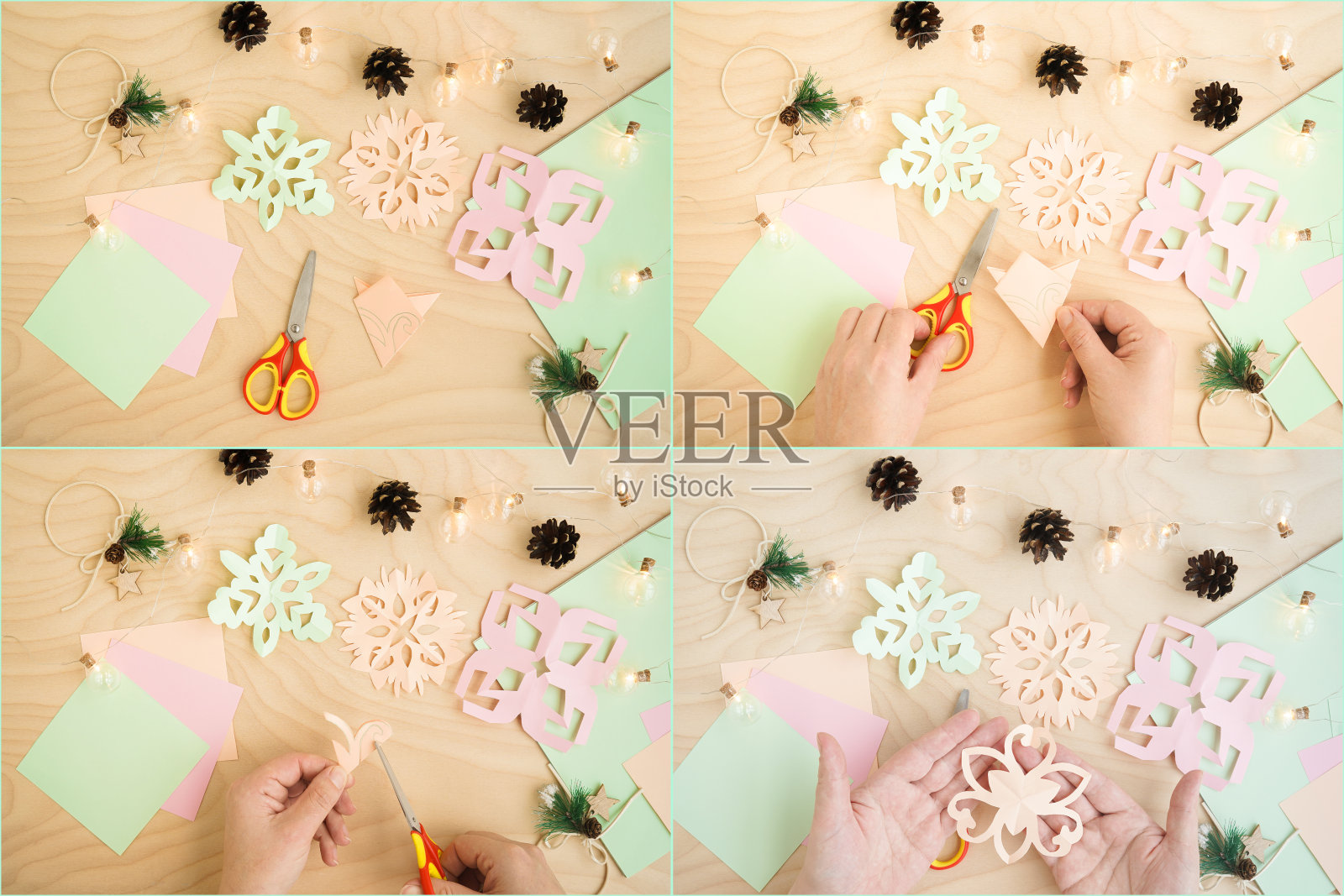一步一步的照片说明如何纸雪花剪纸，在一个木制背景。简单的冬季儿童工艺品想法。照片摄影图片