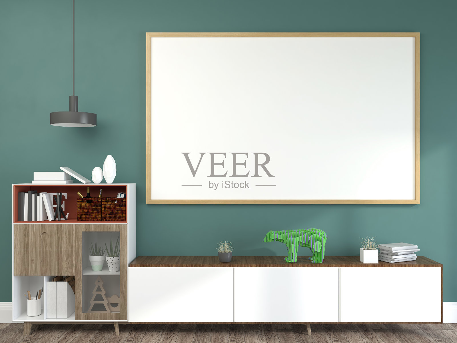 模拟海报框架在木地板现代室内桌面在客厅与一些树木孤立的光背景，3D渲染，3D插图照片摄影图片