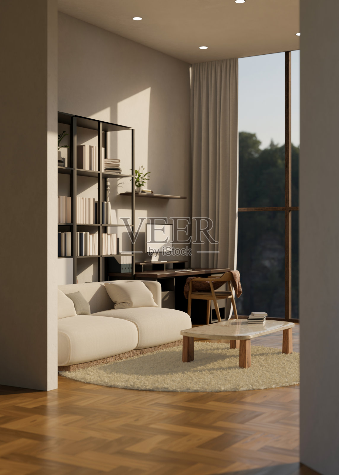 现代现代公寓客厅与工作空间室内设计与舒适的沙发照片摄影图片