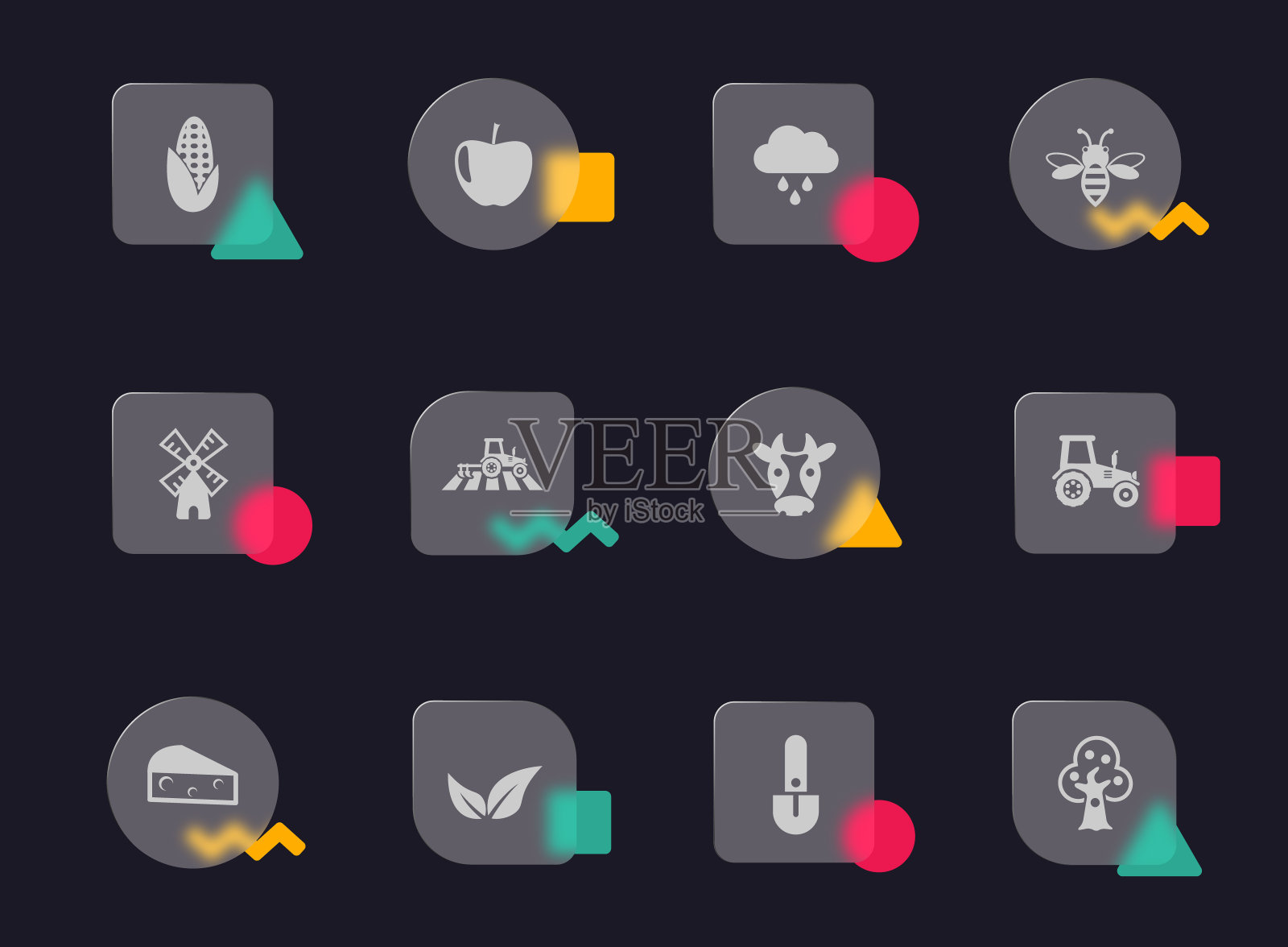 农业玻璃形态时尚风格的图标。农业透明玻璃矢量图标与彩色几何图形。用于网页和UI设计，移动应用程序和促销商业广告图标素材