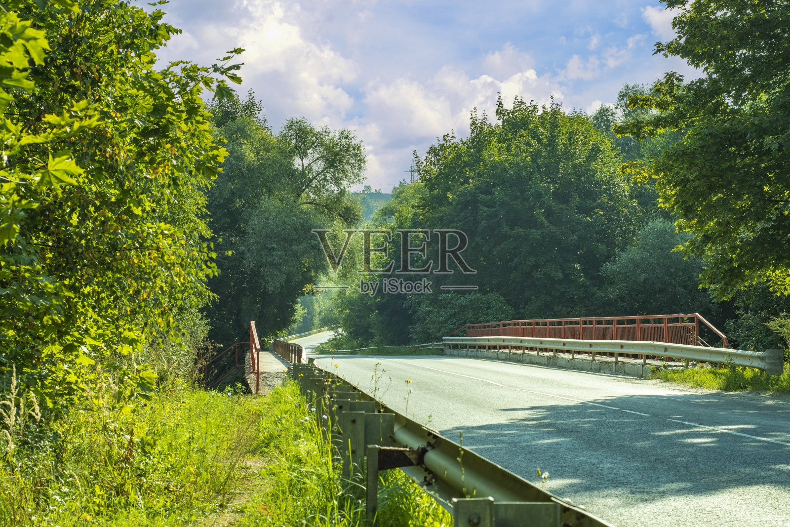 把柏油路和小桥搞混了。乡村的双车道高速公路。树与树之间的公路。照片摄影图片