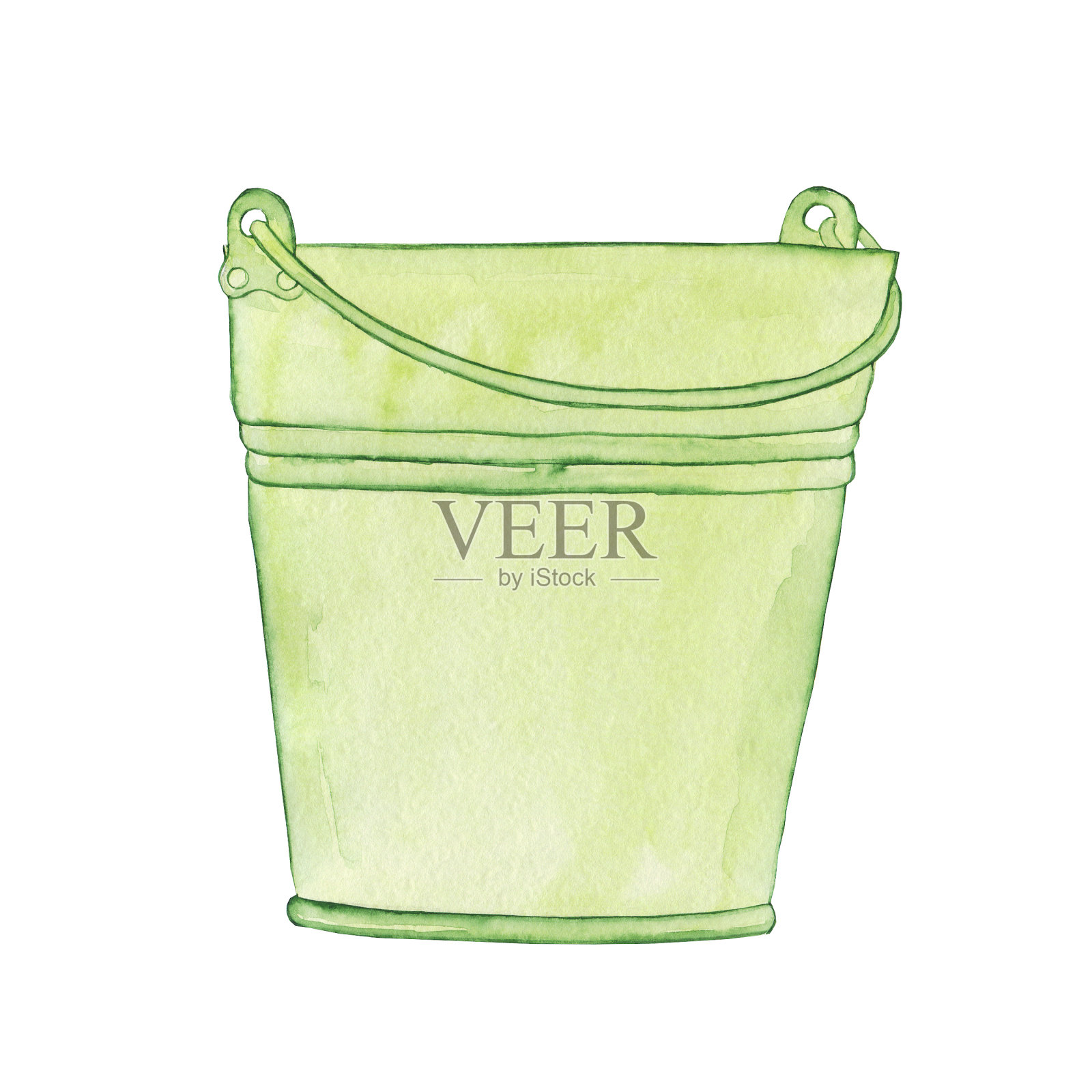 水彩金属花园桶。白色背景上的绿色桶。手绘插图。插画图片素材