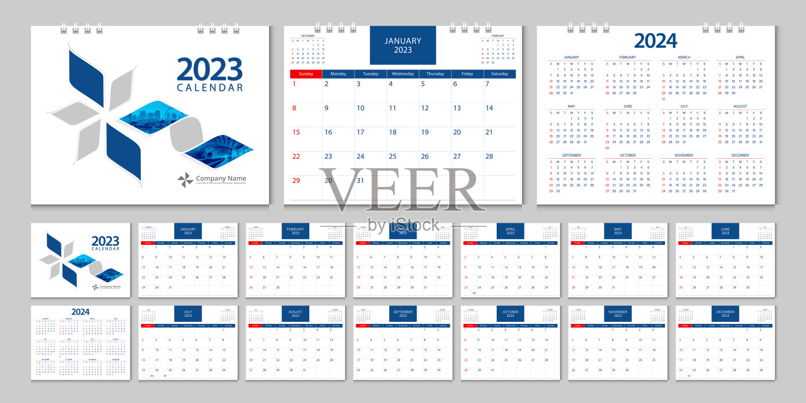 日历2023，日历2024周开始周日企业设计策划模板。设计模板素材