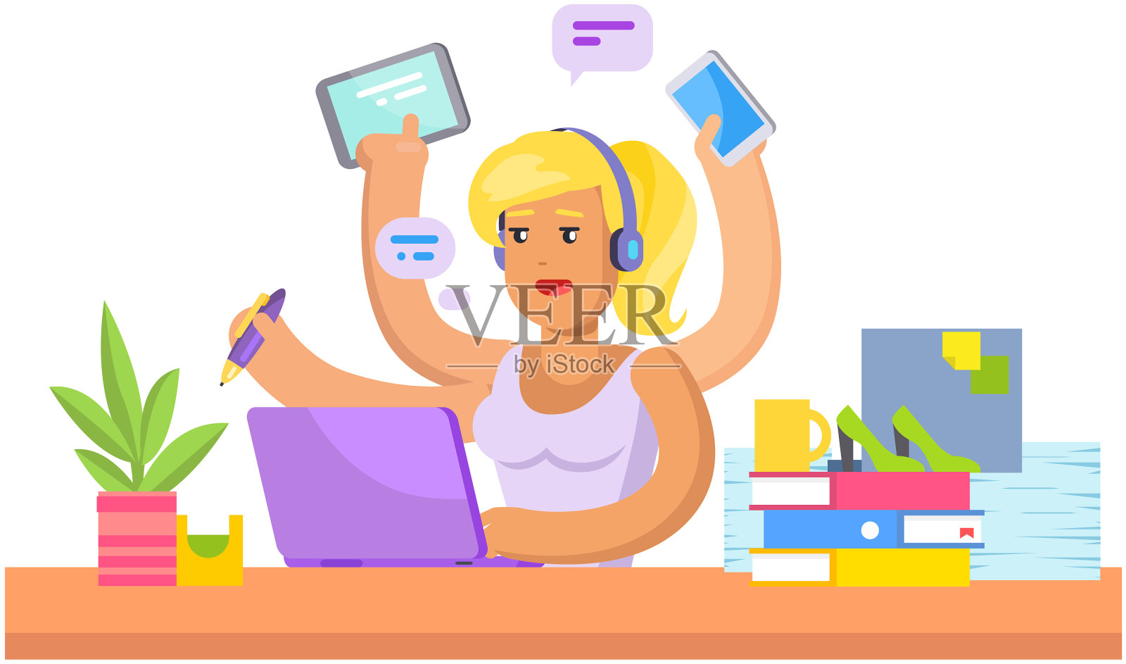忙碌的女人同时做许多工作设计元素图片