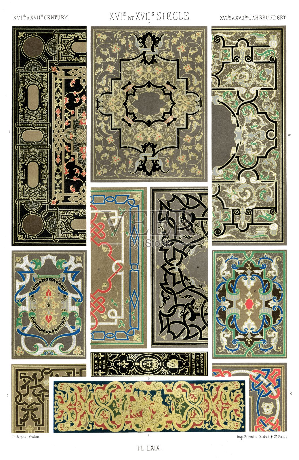 16世纪和17世纪-镶嵌装订标本(11个图案)，彩色装饰1885。插画图片素材