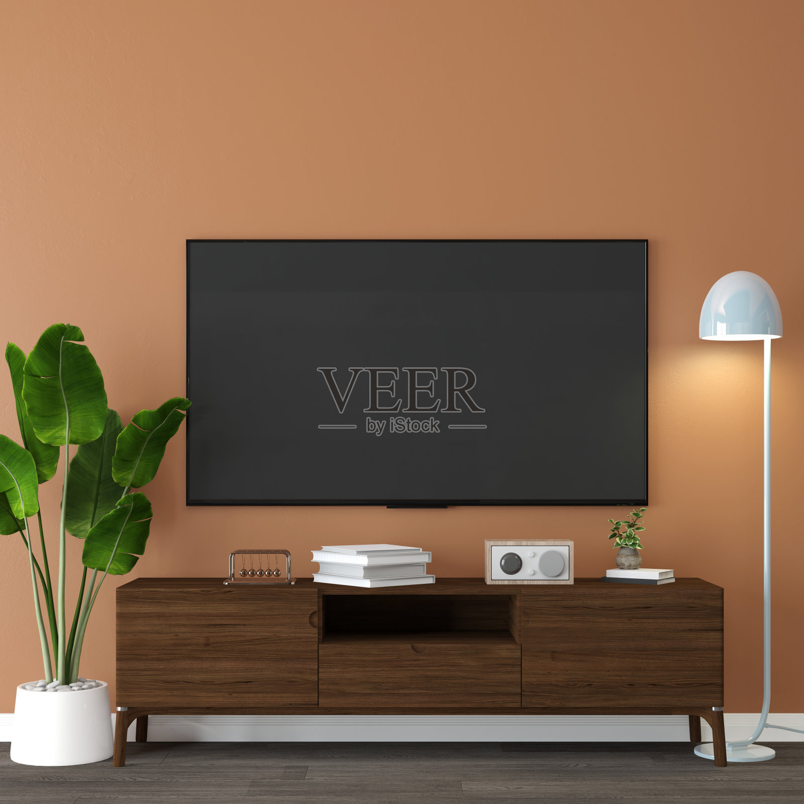 在客厅沙发后面，在明亮的背景上独立的木制地板海报框架的模拟，3D渲染，3D插图照片摄影图片