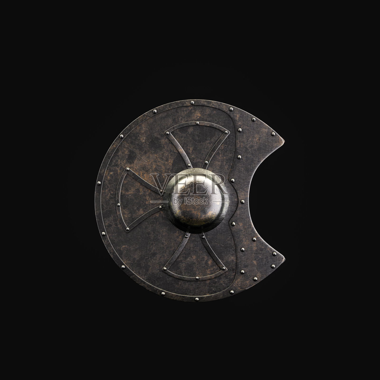 古老的战士盾牌，中世纪的骑士盔甲，用于保护和守卫。古代防御装甲对抗残忍和致命的攻击，3d渲染照片摄影图片