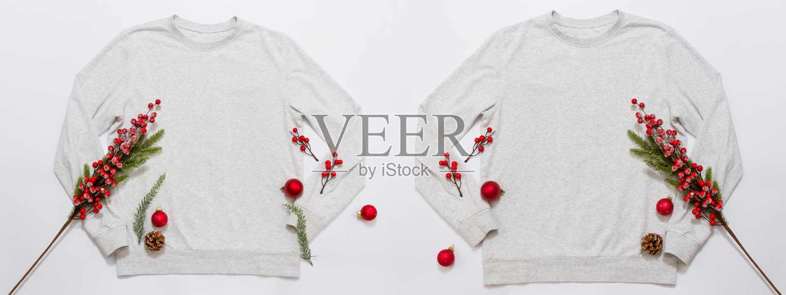 横幅关闭空白模板衬衫，灰色运动衫卫衣与复制空间。圣诞假期概念。顶视图模型毛衫孤立在白色背景。新年装饰快乐。圣诞节jamper照片摄影图片