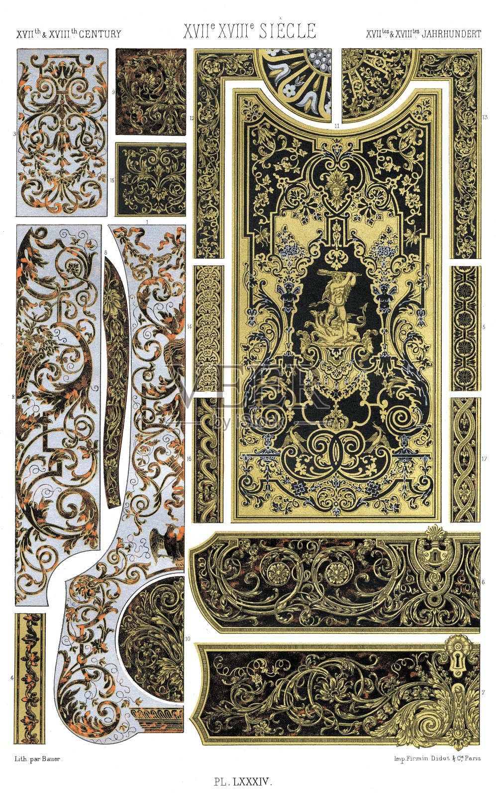 17和18世纪-镶嵌工作- Boulle(17个图案)，彩色装饰1885。插画图片素材