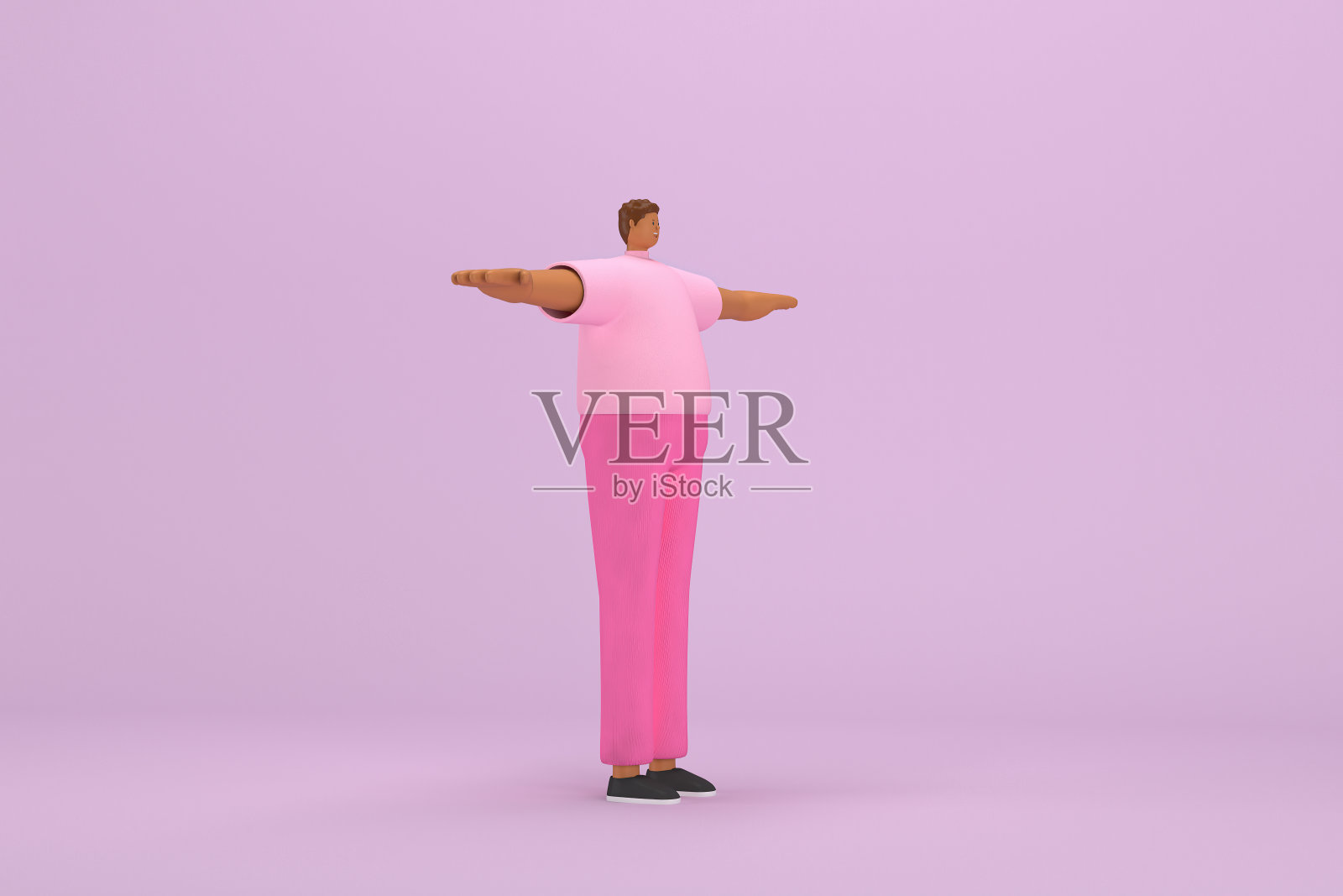 那个穿粉色衣服的黑人。他双臂张开站着。动画角色在表演中的三维渲染。照片摄影图片