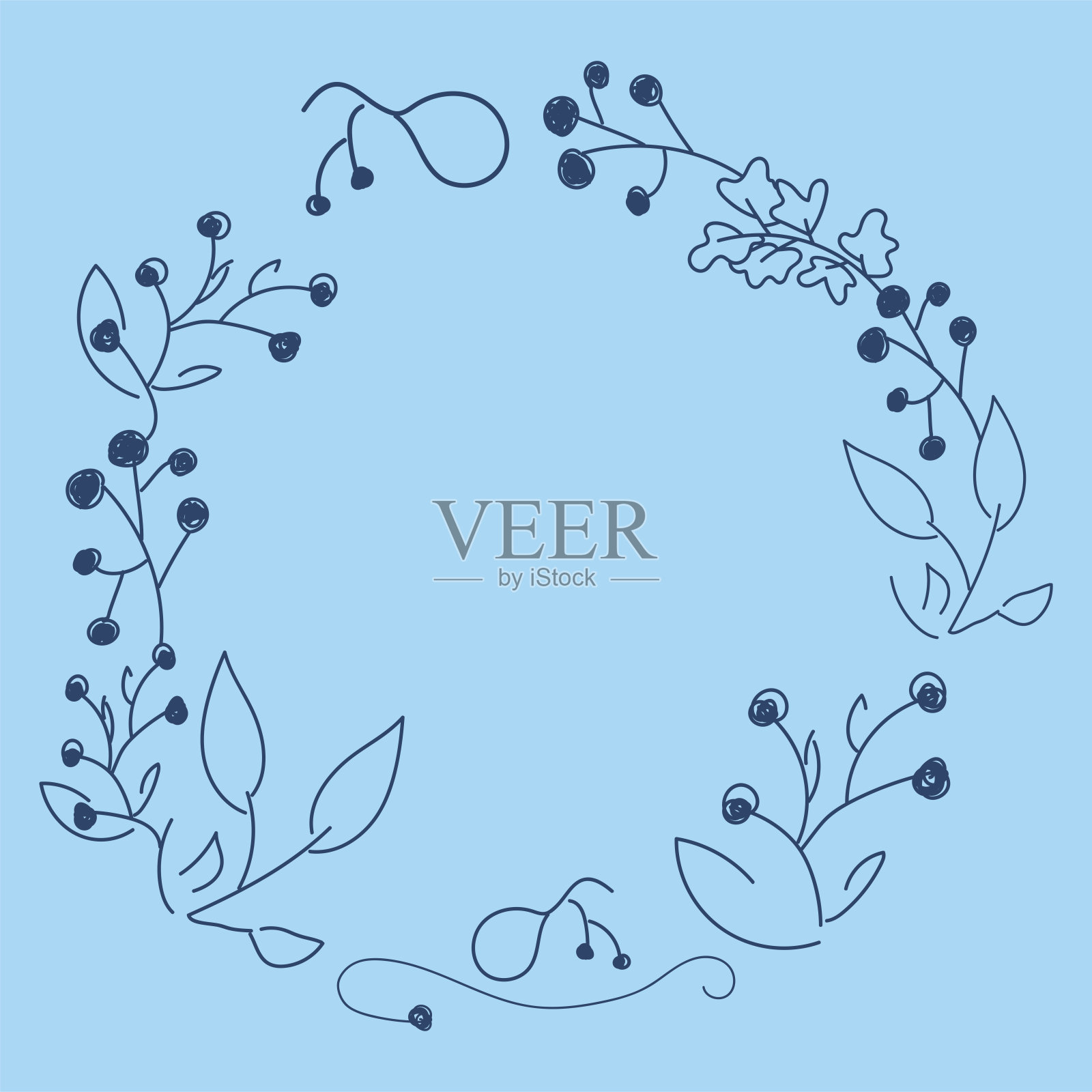 向量。圣诞快乐和新年快乐花卉背景，复制空间为文字。乡村的圆框模板圣诞贺卡，婚礼请柬，派对请柬。手绘草图。插画图片素材