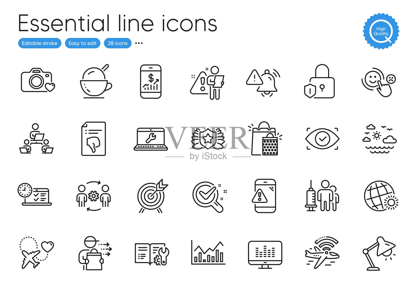 生物特征眼，工程文档和在线测试线图标。用于网站、印刷和应用。向量图标素材