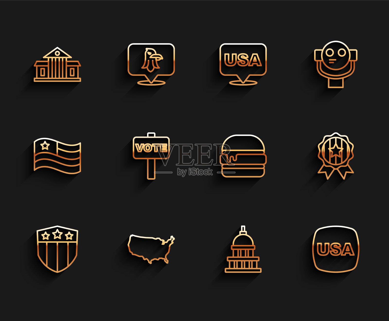 设置线盾牌与星星美国地图白宫图标素材