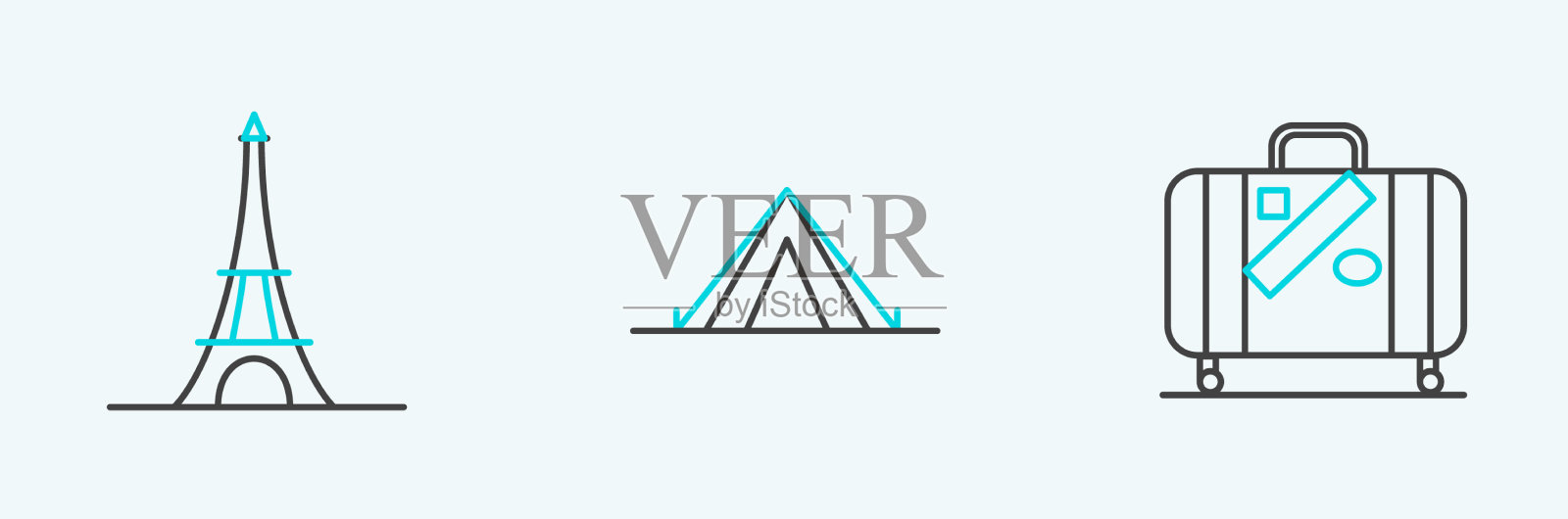为旅行设置线行李箱和贴纸埃菲尔铁塔图标素材