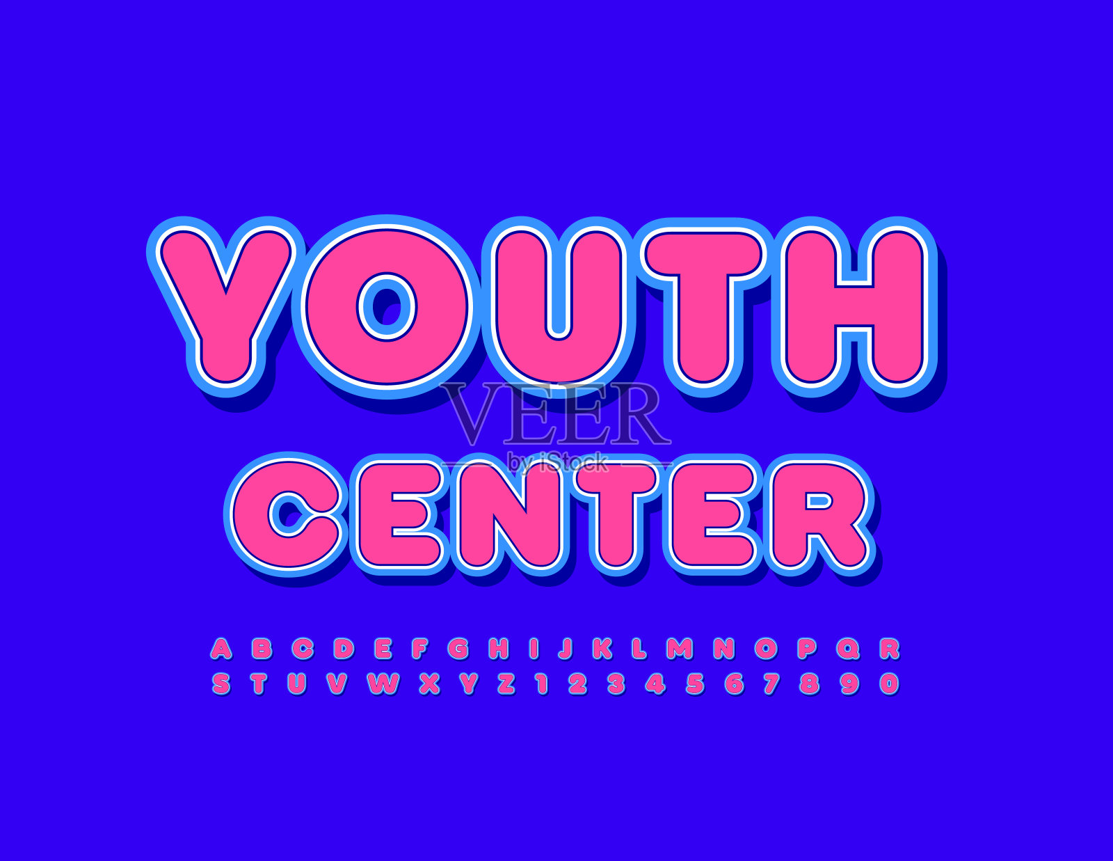 矢量彩色海报青年中心。贴纸风格的字母和数字集插画图片素材