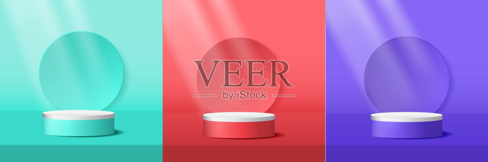 讲台是一组绿色、白色和灰色、红色和白色和灰色、蓝色和灰色、白色和灰色的3D圆。背景被阴影圈了起来插画图片素材