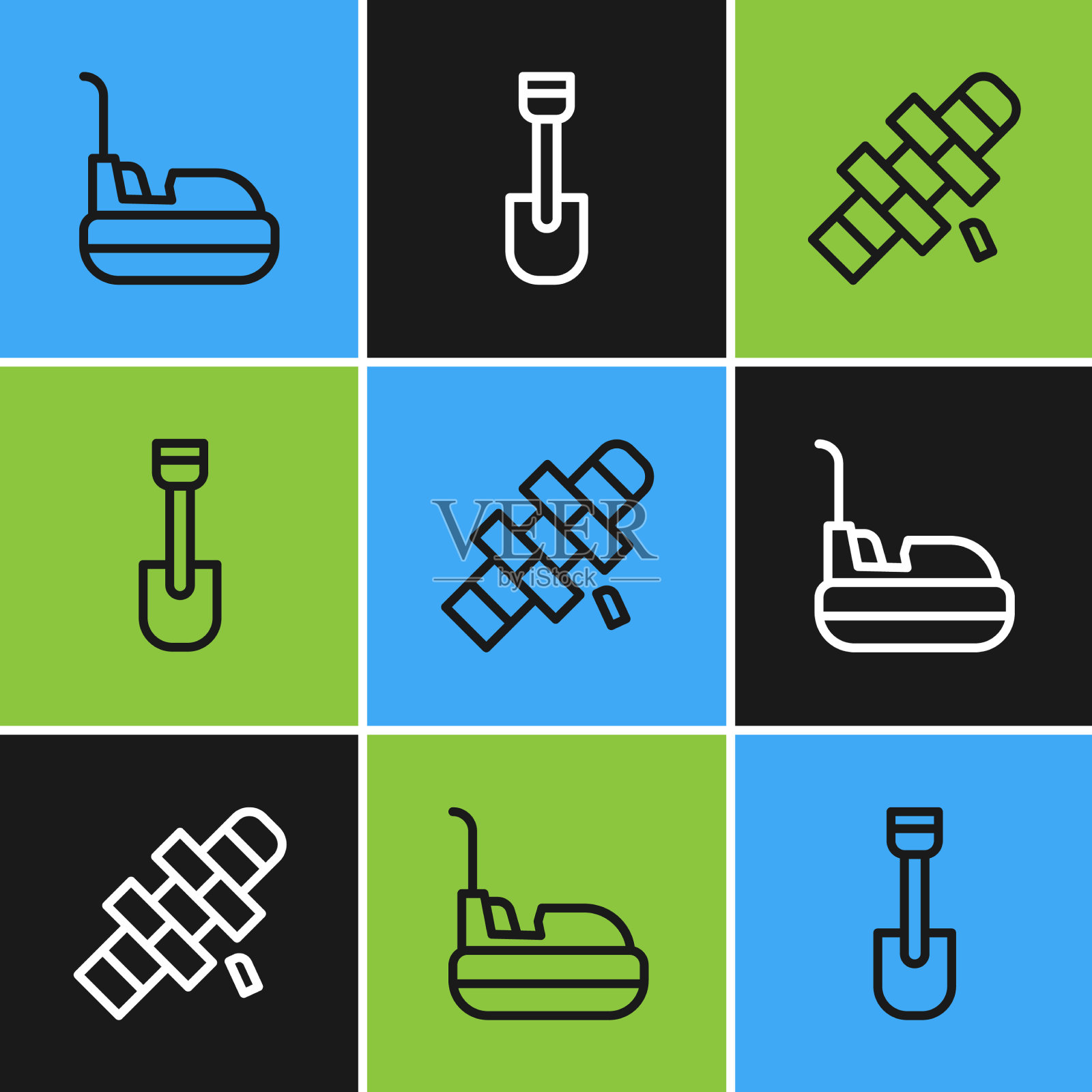 设置线碰碰车跳房子和铲玩具图标插画图片素材