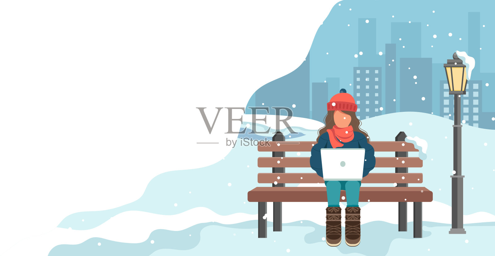 快乐的女孩坐在冬季公园的长凳上。公共花园卡通矢量插画，度假概念。插画图片素材