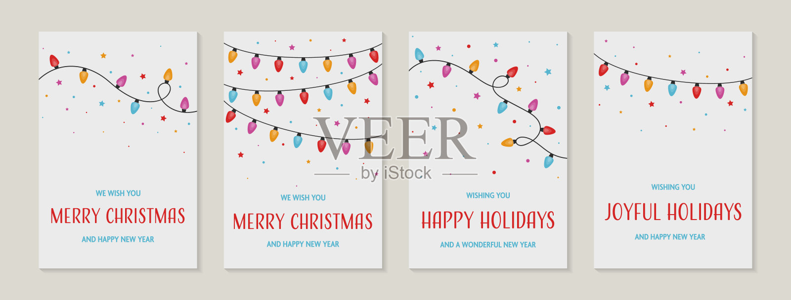 五颜六色的灯串。收集圣诞贺卡和祝福。矢量图设计模板素材