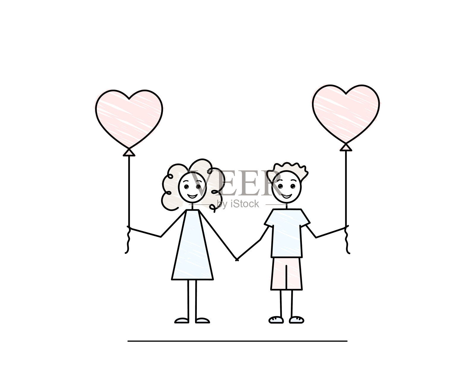男孩和女孩的心形气球，青少年的爱，可爱的人物，孤立的白色背景，黑线涂鸦矢量插画，铅笔画的风格插画图片素材