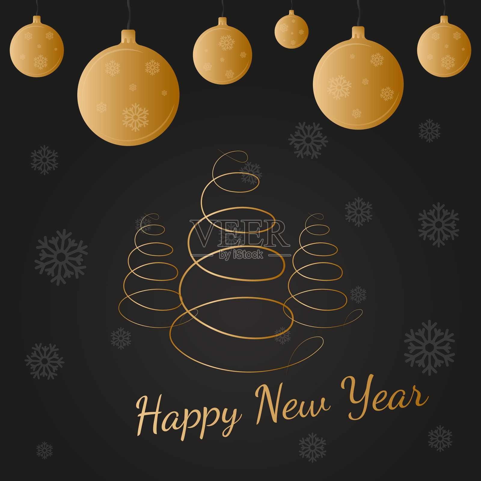 带有金色圣诞树和球的圣诞贺卡设计模板素材