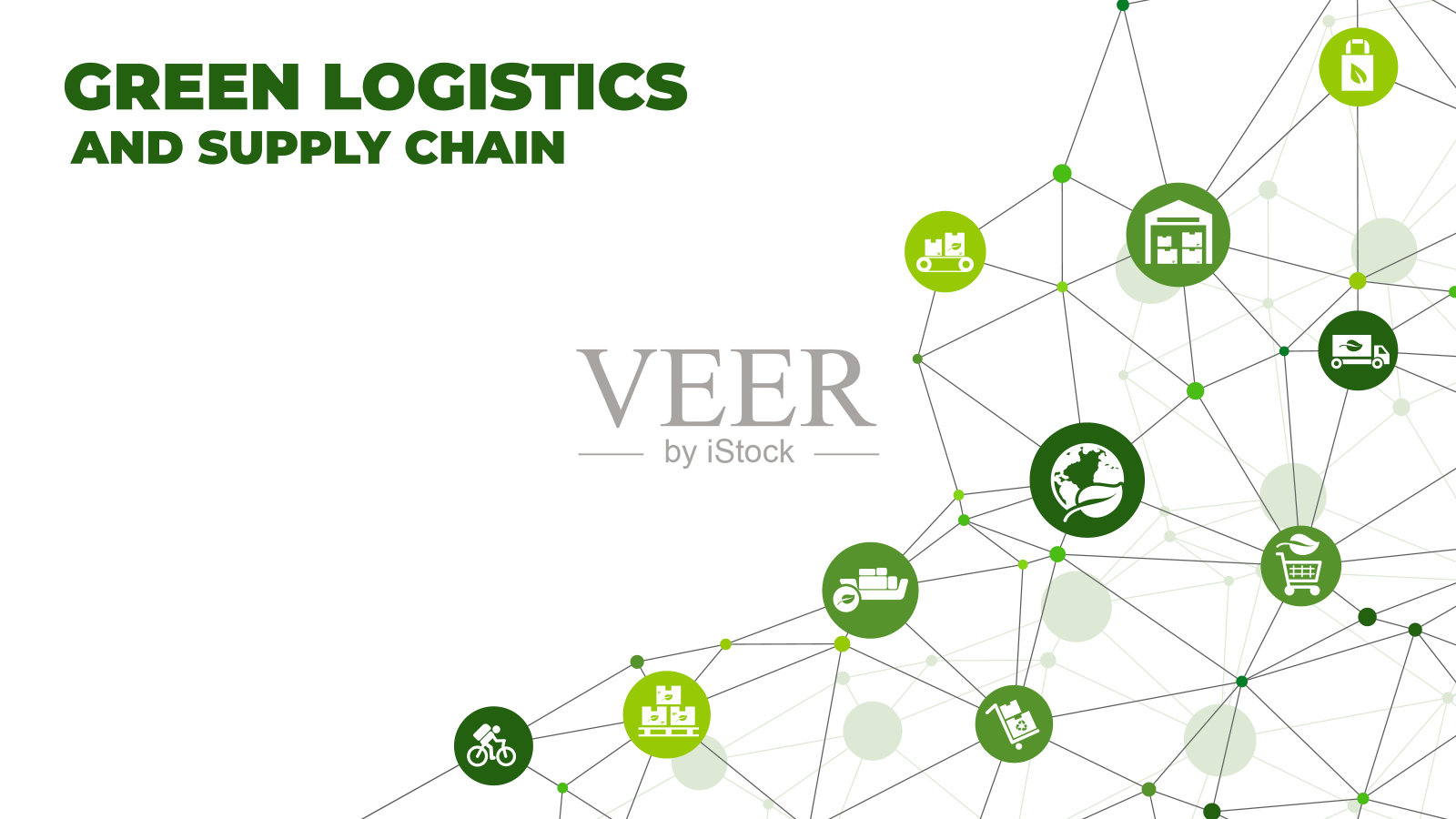 绿色供应链矢量插图。与可持续物流、环境友好的货物运输和减少二氧化碳相关的连接图标的概念。插画图片素材