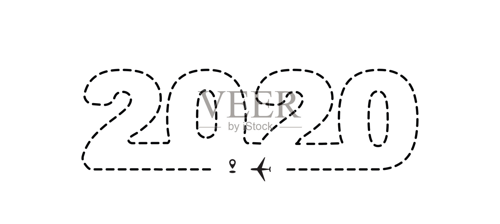飞机2020虚线路径，飞机航迹，航迹道路，新年飞机航迹到点，航线方式，航空航线矢量插图设计元素图片