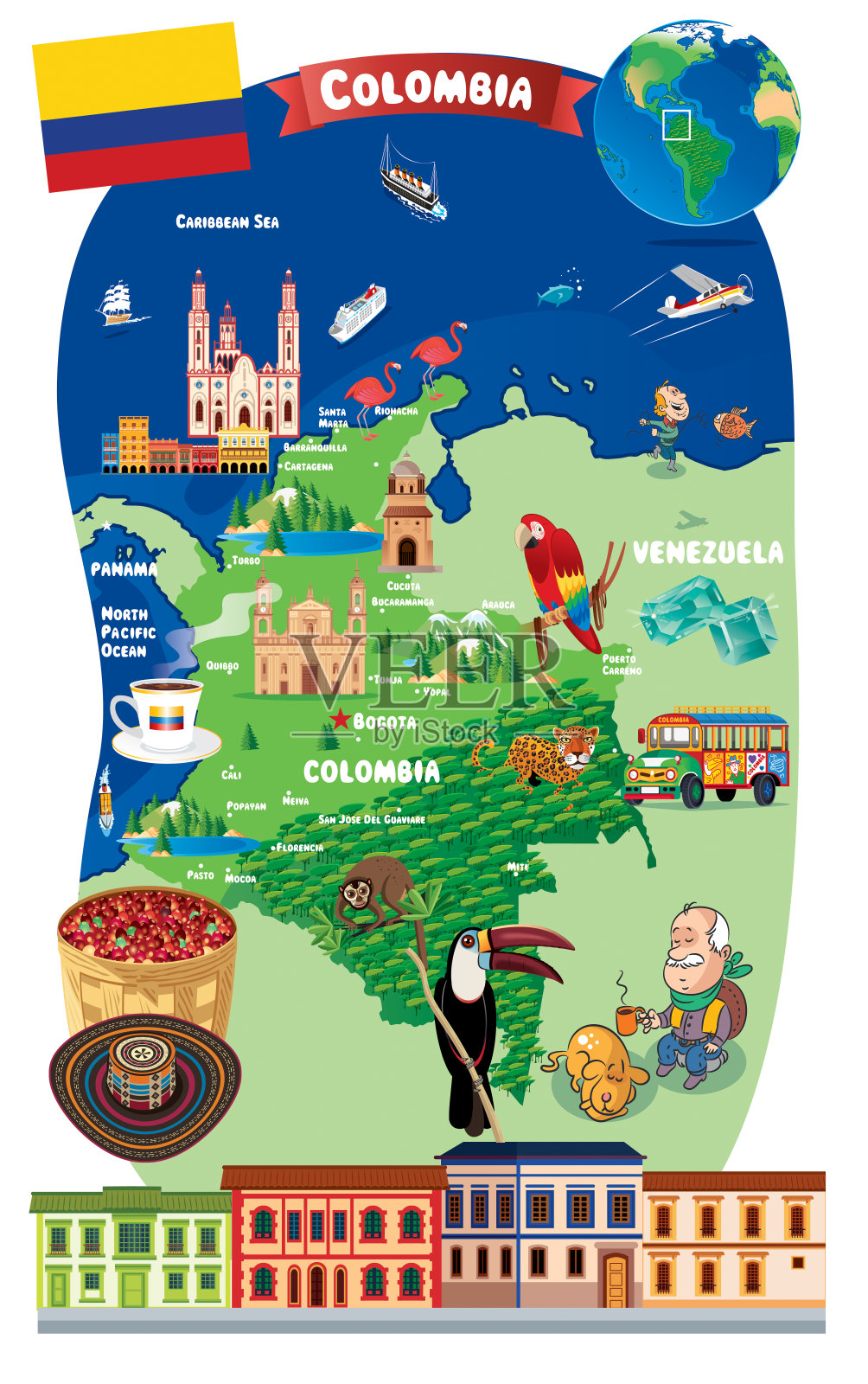 哥伦比亚卡通地图插画图片素材