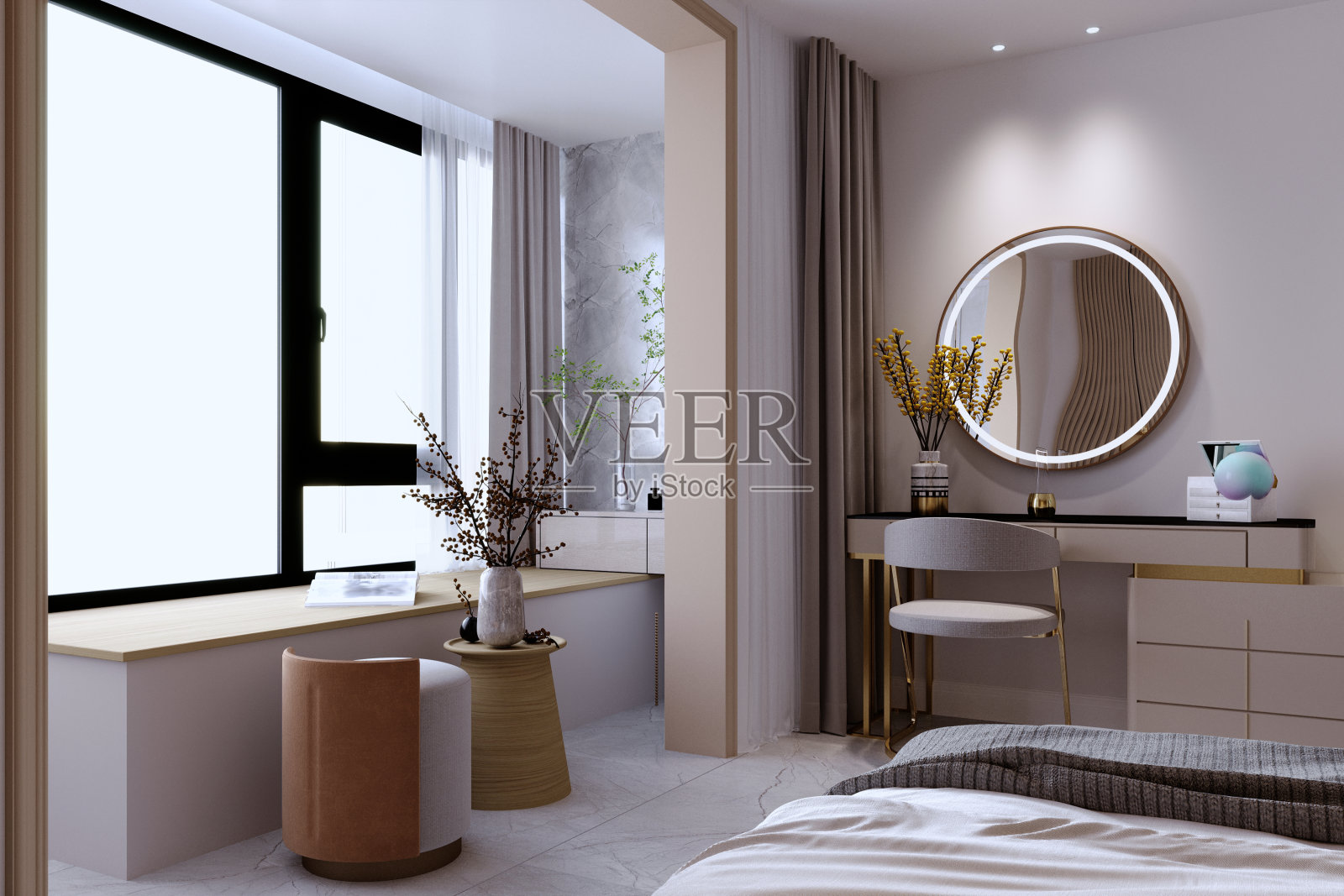 3d渲染，3d插画，室内场景和模型，卧室室内现代风格，插画图片素材