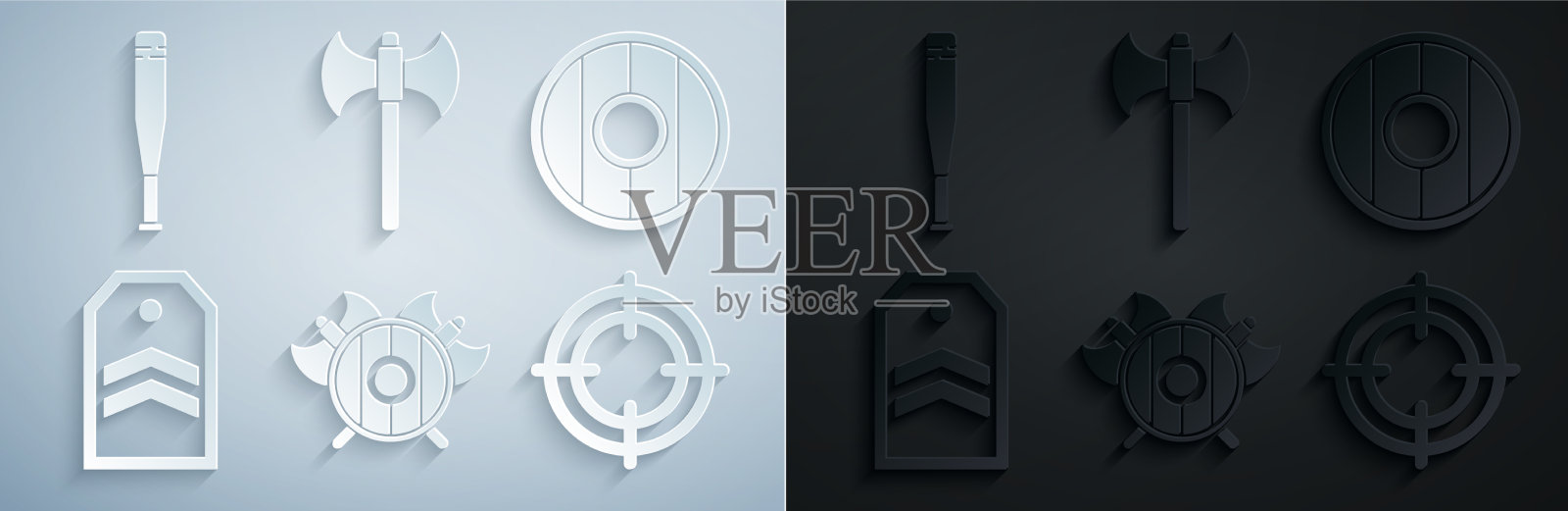 设置中世纪盾与交叉斧圆图标素材