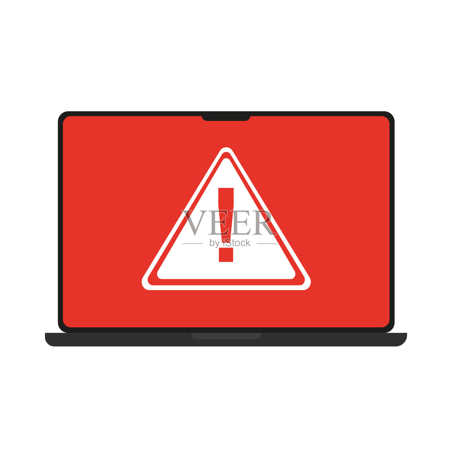 笔记本电脑，白色背景，红色警告标志。矢量图插画图片素材