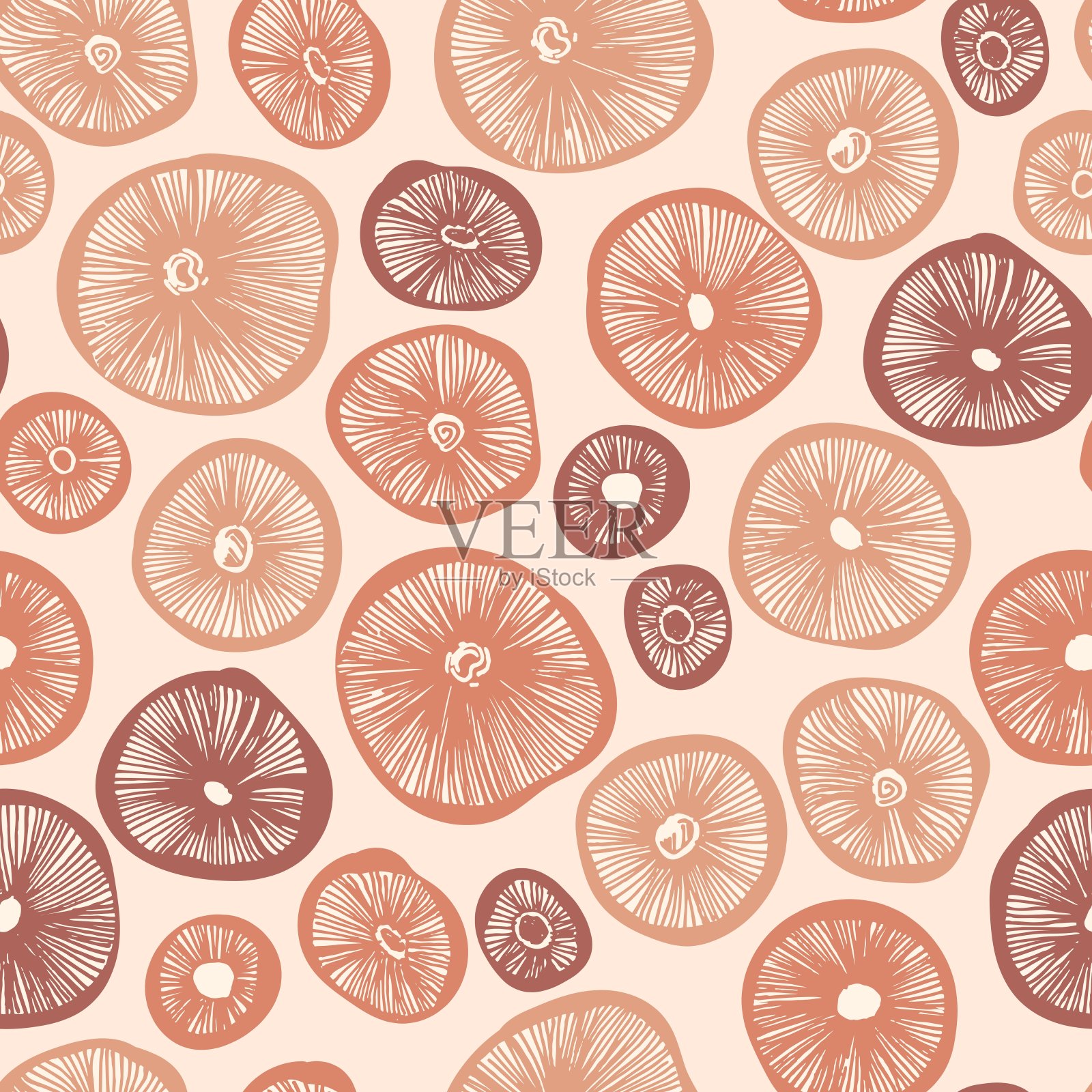 蘑菇帽手绘平滑切割无缝矢量图案。利诺切矢量蘑菇无缝图案。矢量插图。插画图片素材