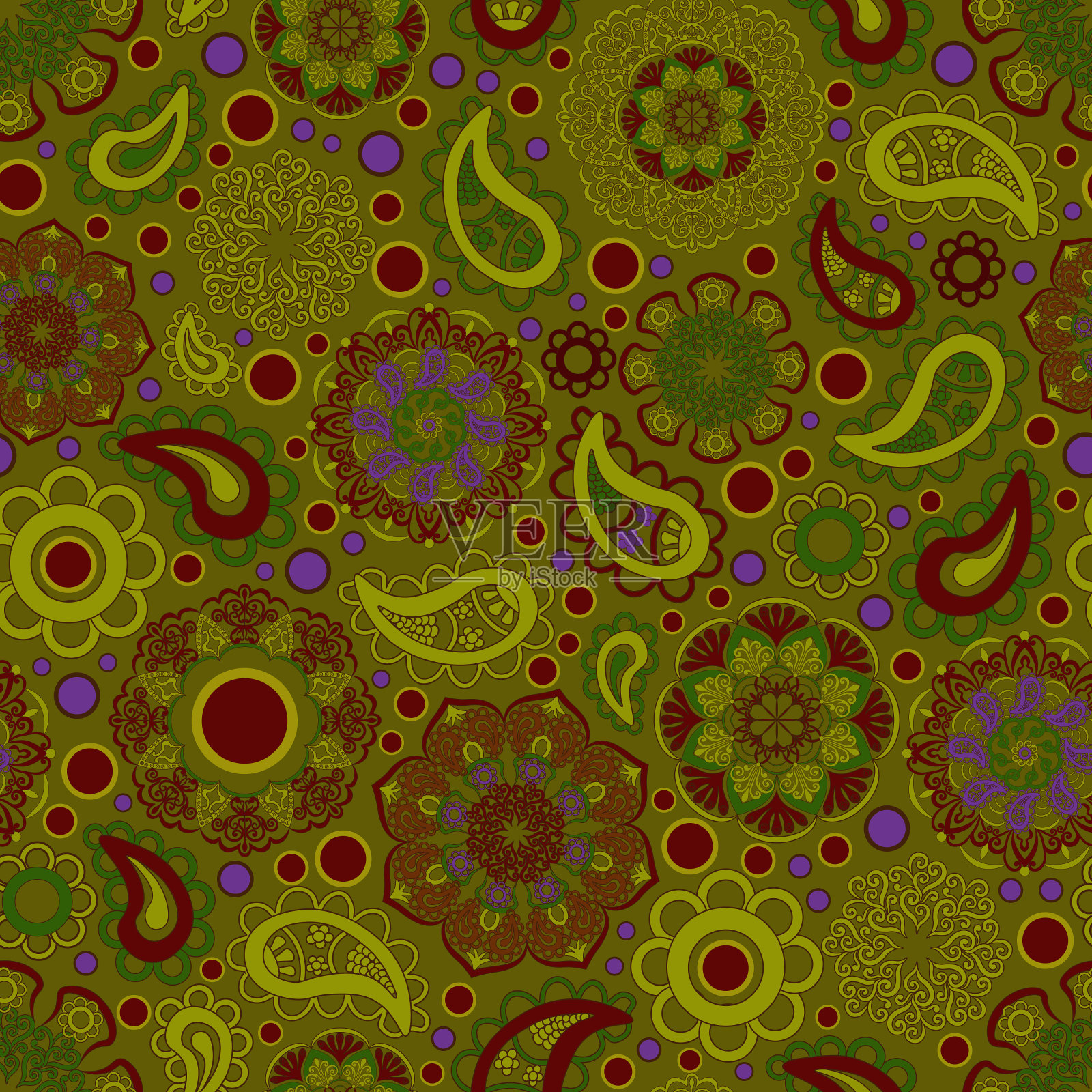 波西米亚风格的观赏性图案，时尚，图案色彩鲜艳，有绿、红、黄、芥末色。插画图片素材