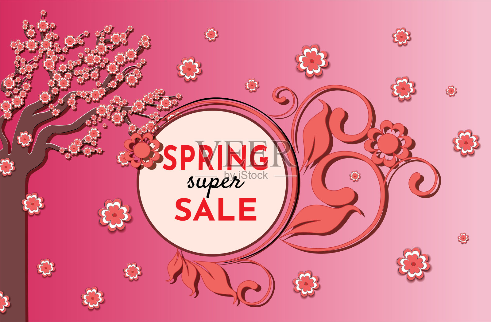 春季出售。有樱花的横幅。背景是一棵开花的树。广告海报，社交媒体帖子，折扣卡或传单设计模板。矢量插图。插画图片素材