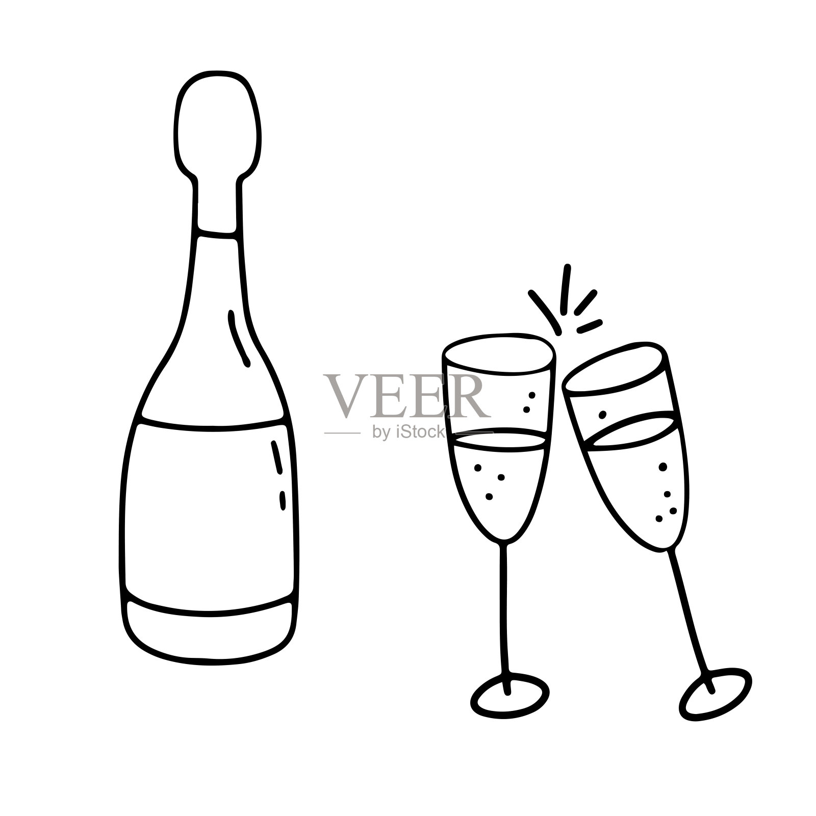 为新年、圣诞节或情人节准备几杯手工制作的香槟和一瓶。涂鸦矢量插图孤立在白色背景上。插画图片素材