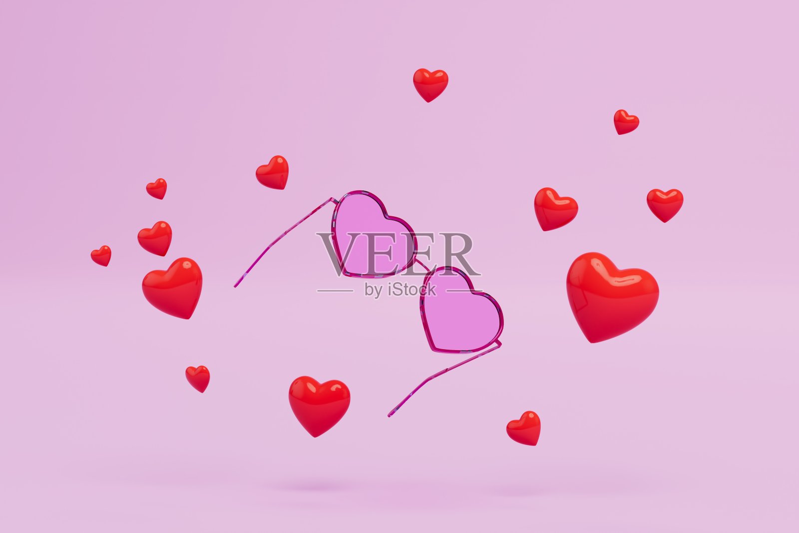 坠入爱河的概念。玫瑰色的心形眼镜和散布在柔和背景上的心形。三维渲染照片摄影图片