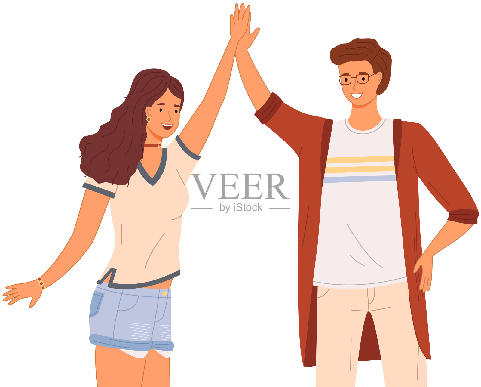 两个人击掌，手牵手站在一起。男人和女人互相问候插画图片素材