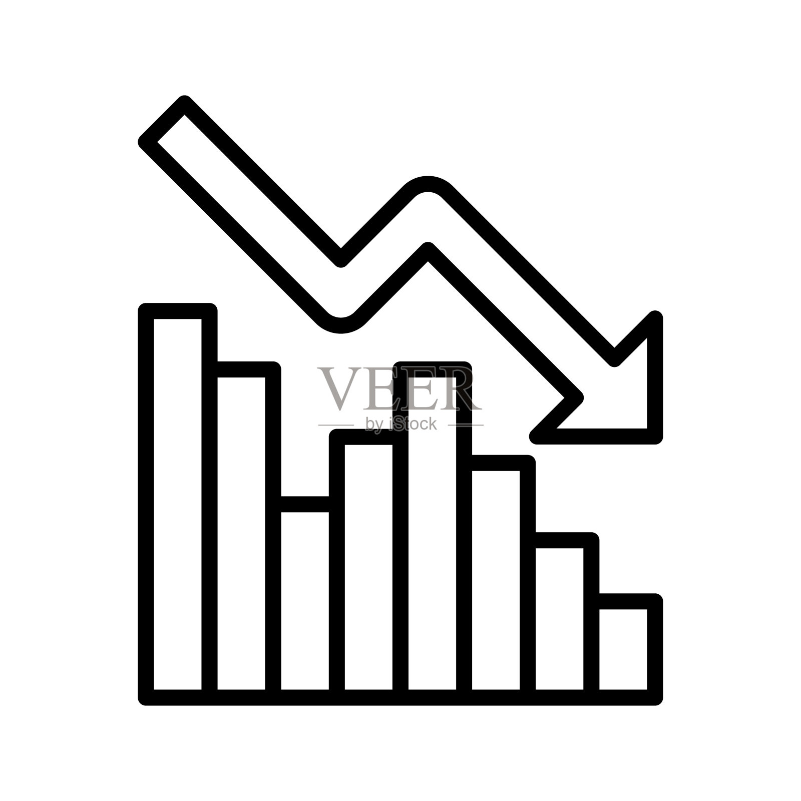 图表趋势向下。箭头向下指向图形。孤立在白色背景上的象形文字。插画图片素材
