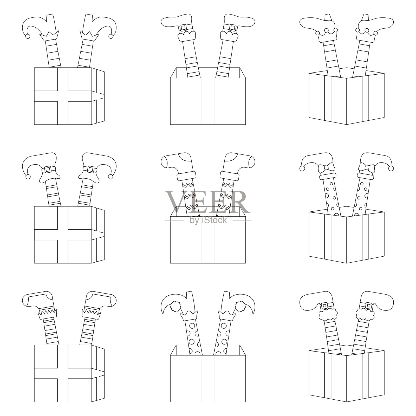 一套精灵脚与礼品盒在线风格孤立插画图片素材