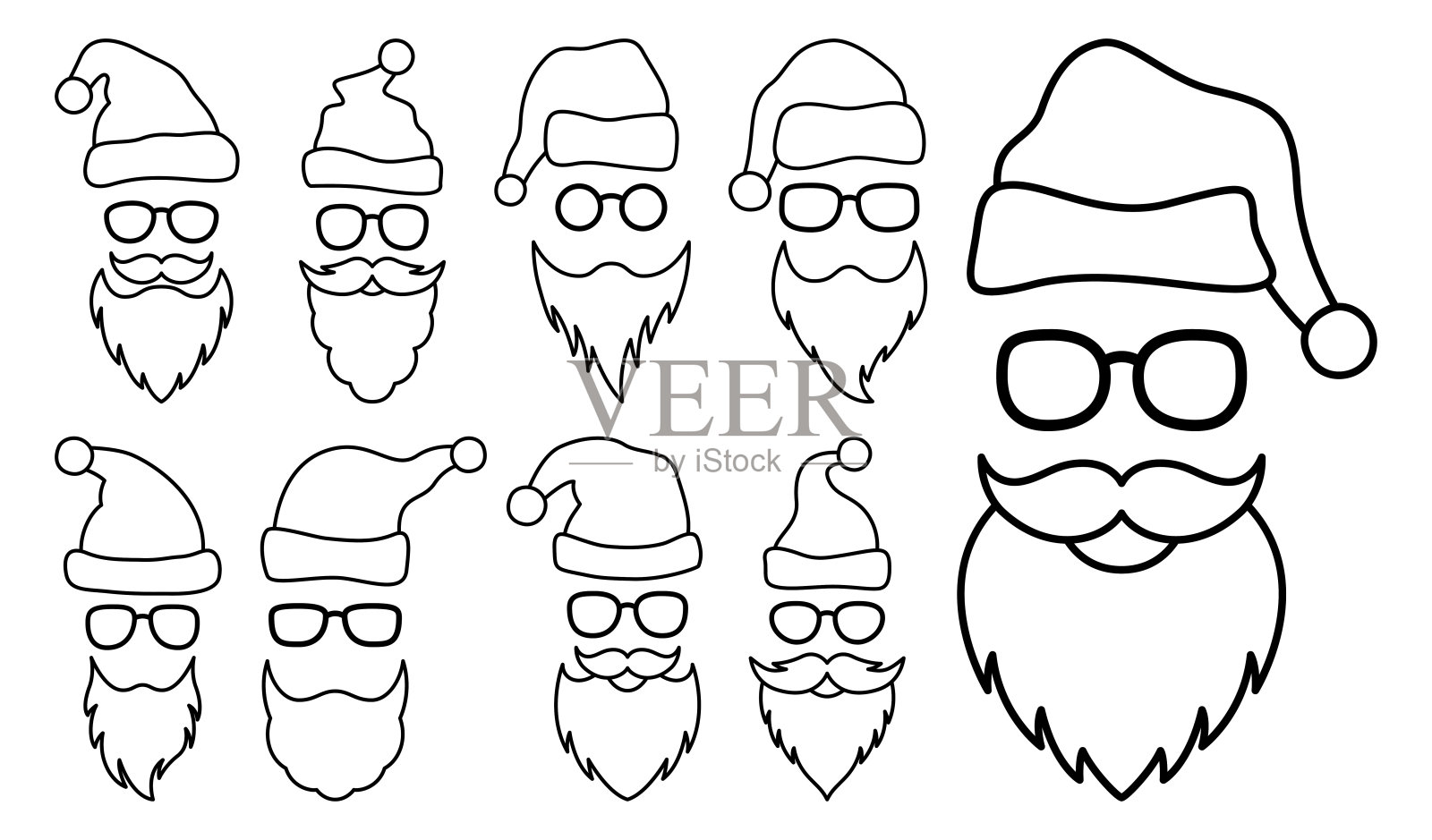 一套胡子与圣诞帽和眼镜在线风格孤立插画图片素材