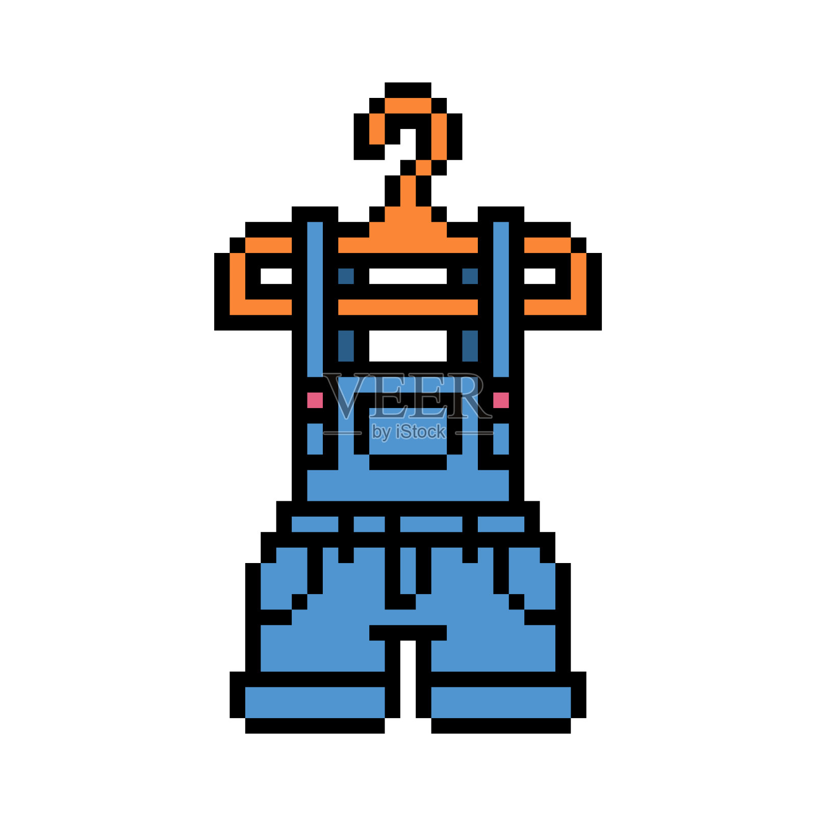 像素艺术蓝色牛仔短裤在衣架上孤立的白色背景。女性时装偶像。女孩短裤套装。复古复古90年代，80年代8位老虎机，视频游戏图形。设计元素图片